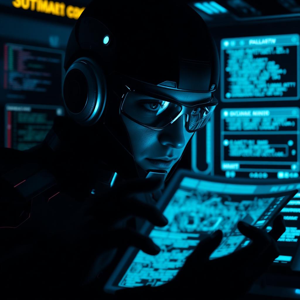 A cinematic AI operator inspecting decoded protocol frames on a holographic display