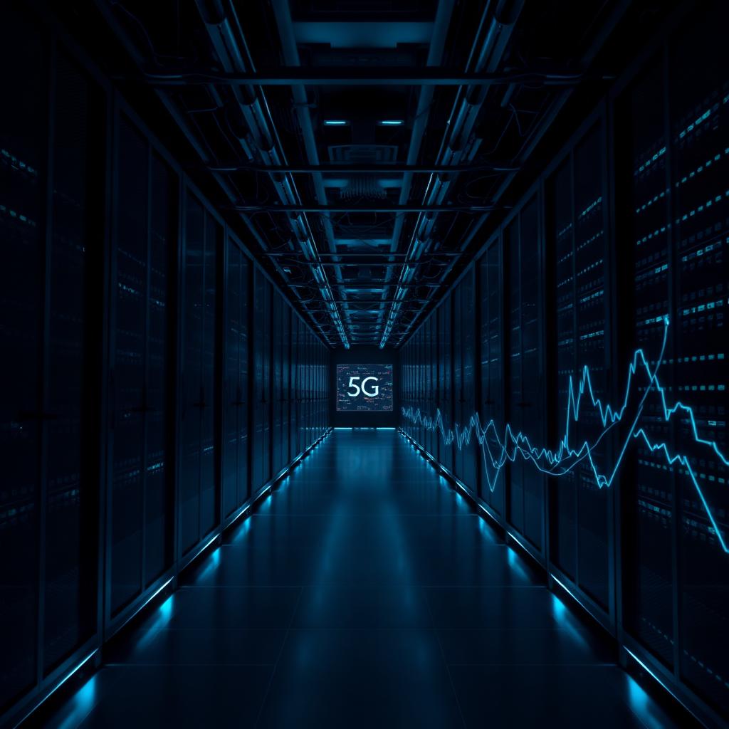 Data center corridor with overlaid financial line charts