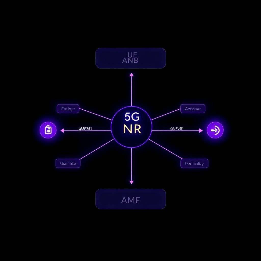 5G NR signaling diagram with UE, gNB, and AMF nodes connected by procedure arrows