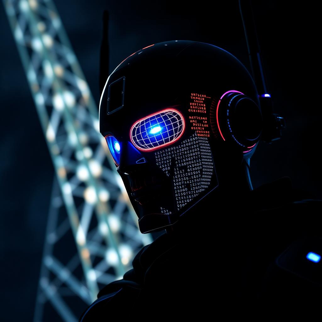 Dark figure evoking an open-source telecom stack against a lattice antenna
