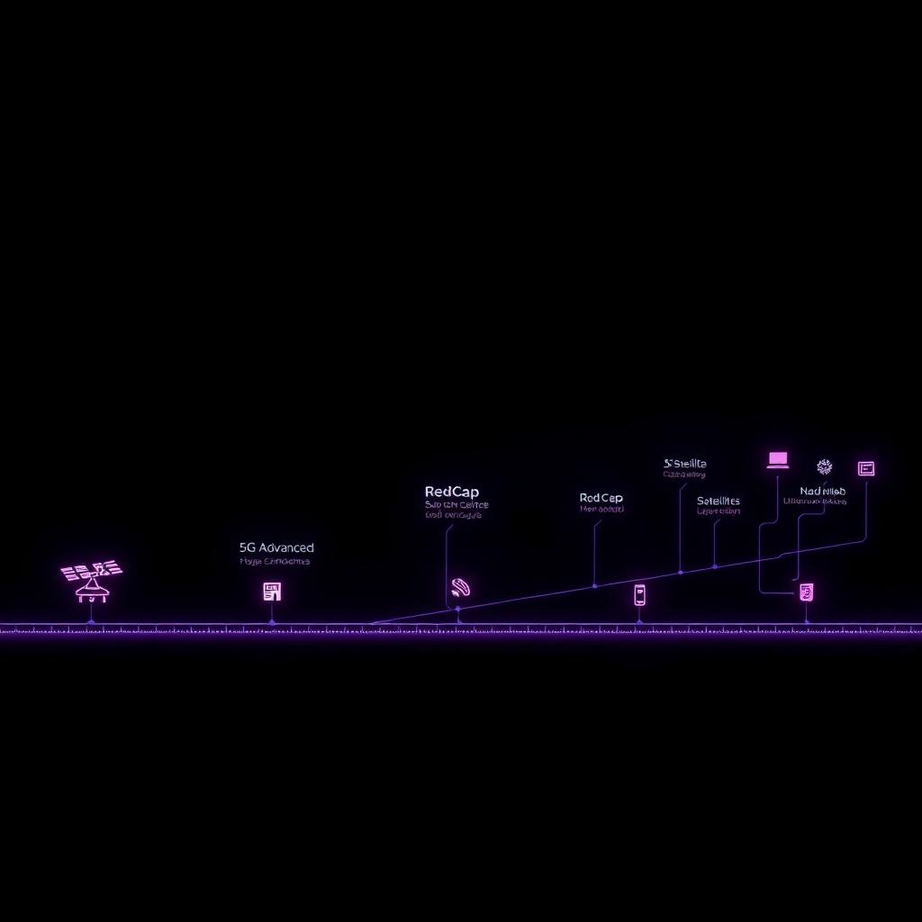 Timeline of 5G-Advanced, RedCap, and NTN milestones on a dark background