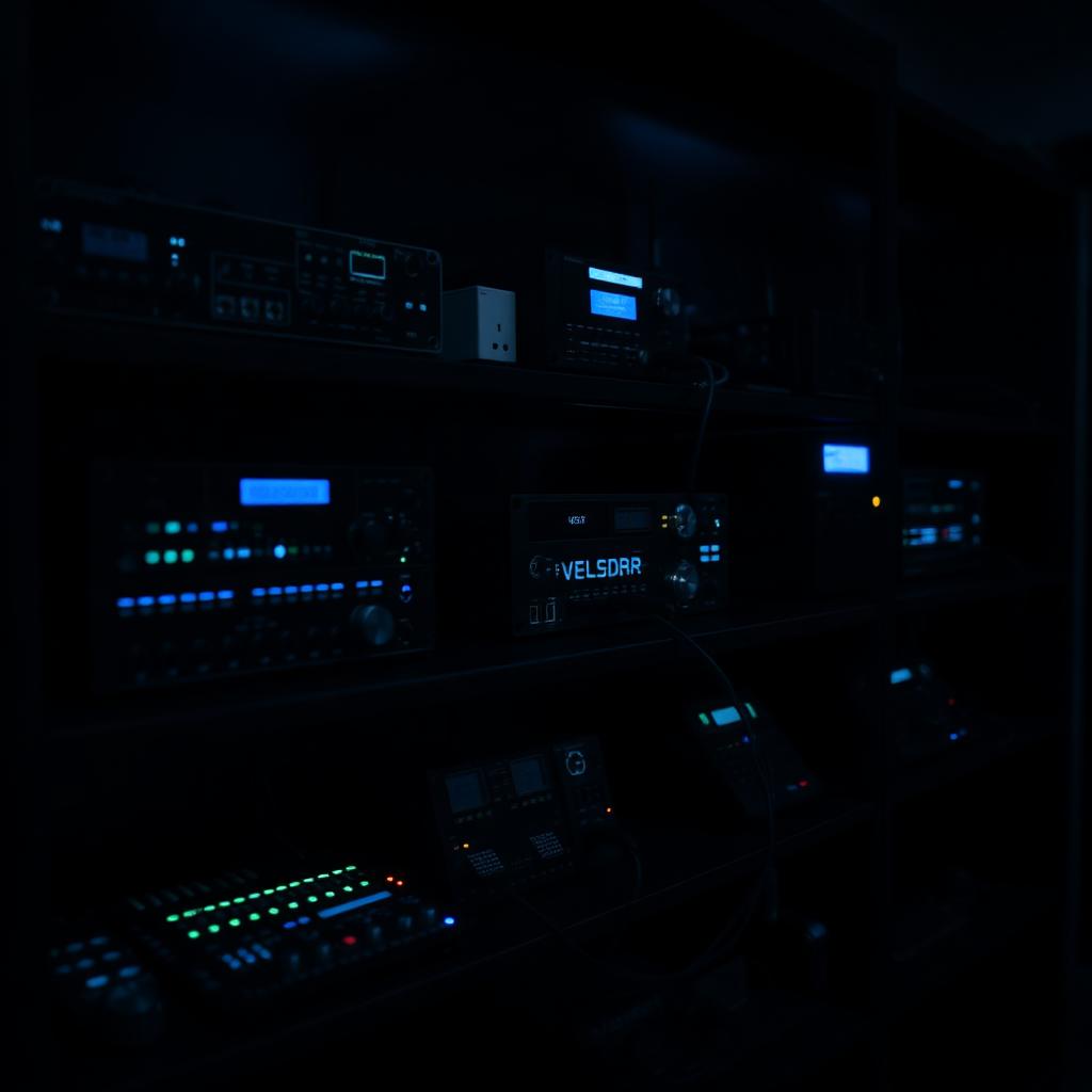 Rack of software-defined radio boards with blue status LEDs in a dark lab