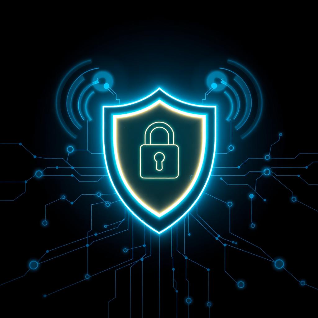 Neon shield and padlock over an abstract network mesh