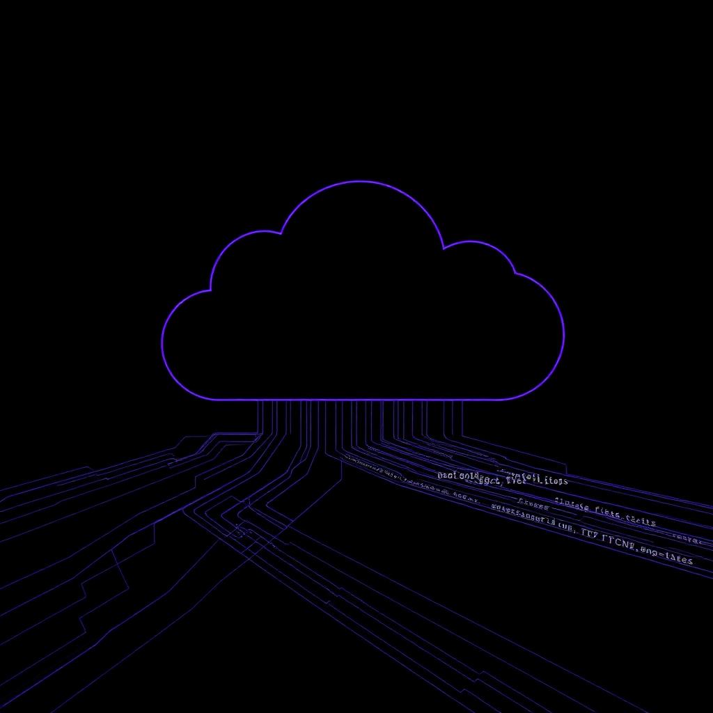 Neon cloud outline with test script streams flowing beneath it
